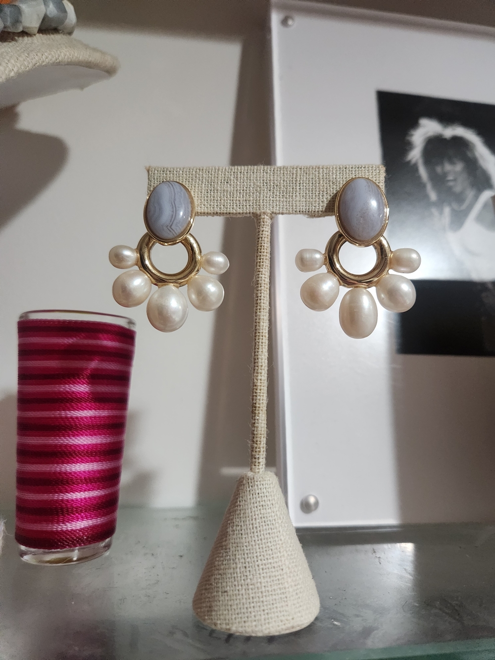 Mignonne Gavigan Gold Hoop Earrings with Pearl Drops and Gray Stone Studs